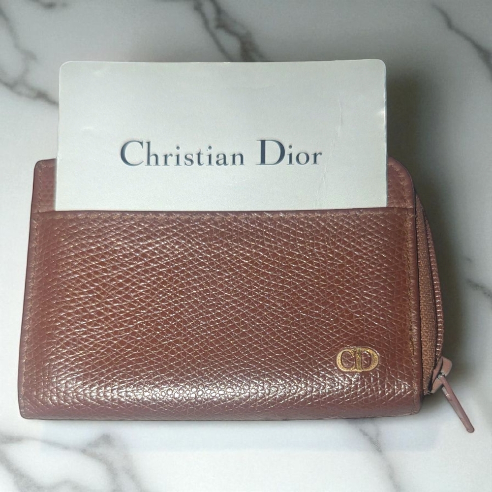 Vintage Christian Dior Brown Leather Zip Wallet with Gold CD Logo